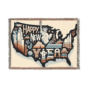USA Map Woven Blanket, Happy New Year Design, Throw Blanket for Home Decor, American Flag Tapestry, Patriotic Gift, United States Map
