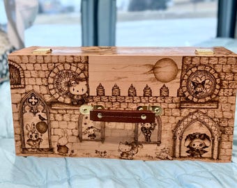 Custom Woodburned Hinged  Case/Jewelry Box with dividers, with extra design (normal design work see other listing for this box)