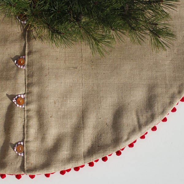 Scandinavian Christmas Tree Skirt - Rustic Burlap Tree Skirt with Wood Buttons