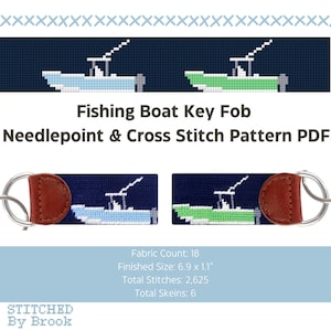 May include: A navy blue key fob with a stitched fishing boat design in light blue and green. The key fob has a brown leather backing and a silver key ring. The text "Fishing Boat Key Fob" is above the key fob.