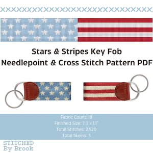 May include: Two key fobs with a patriotic theme. One features a blue background with white stars, the other has red and white stripes. Both have brown leather accents and metal key rings. The text reads "Stars & Stripes Key Fob Needlepoint & Cross Stitch Pattern PDF".