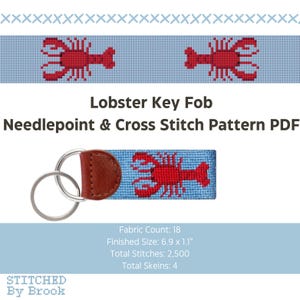 May include: A light blue needlepoint key fob with a red lobster design. The key fob has a brown leather backing and silver key rings. The text "Lobster Key Fob" and "Needlepoint & Cross Stitch Pattern PDF" are visible.