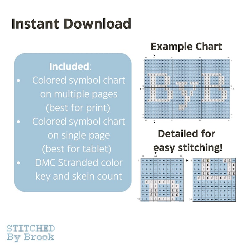 May include: An instant download cross-stitch pattern with an example chart. The pattern includes a colored symbol chart on multiple pages for printing, a single-page chart for tablets, and a DMC color key. The text says "Detailed for easy stitching!"