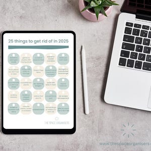 May include: A digital printable checklist with a teal background and white text. The checklist is titled "25 things to get rid of in 2025". The checklist includes items such as "stained or damaged towels", "games or puzzles with missing pieces", "clothes that don't fit", "old receipts and paperwork", and "gifts you won't use".