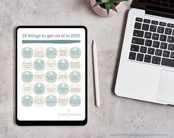 May include: A digital printable checklist with a teal background and white text. The checklist is titled "25 things to get rid of in 2025". The checklist includes items such as "stained or damaged towels", "games or puzzles with missing pieces", "clothes that don't fit", "old receipts and paperwork", and "gifts you won't use".