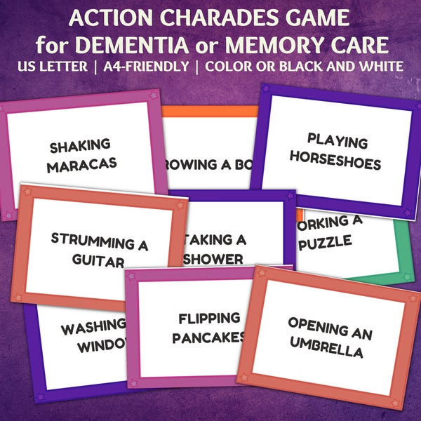 Charades for Adults, Seniors, and Memory Care, Dementia Games, Ice Breaker Game, Charades Game, Dementia Activities, Dementia Cards
