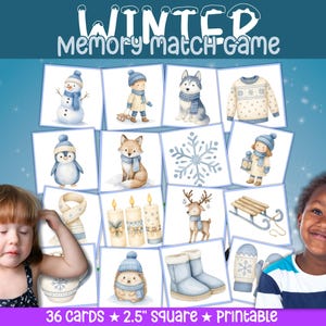 Könnte beinhalten: Ein Winter-Memory-Spiel mit 36 Karten, jeweils 6,35 cm groß. Die Karten zeigen Aquarellillustrationen von Winterelementen wie einem Schneemann, einem Fuchs und einer Schneeflocke. Der Text "WINTER Memory Match Game" steht oben.