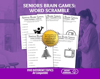 Puede incluir: Un conjunto de cinco hojas de actividades de sopa de letras tituladas Seniors Brain Games. Cada página blanca presenta texto e iconos en negro relacionados con temas como ejercicio, transporte, comida, festividades y programas de televisión antiguos.