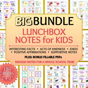 Notes de boîte à lunch imprimables pour les enfants, affirmations positives pour les enfants, notes de déjeuner pour les enfants, blagues sur la boîte à lunch, cartes de gentillesse, faits intéressants