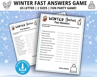 Könnte beinhalten: Ein druckbares Winter-Spiel mit weißem Hintergrund und Schneeflocken. Das Spiel heißt "Winter Games Fast Answers" und beinhaltet Kategorien wie "Dinge, die mit 'W' beginnen", "Winterferien" und "Dinge, die im Schnee zu finden sind."