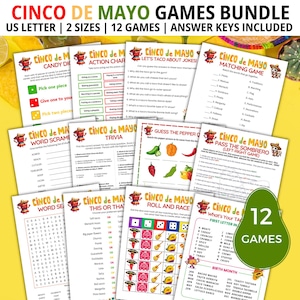 Jogos de Cinco de Mayo, Pacote com 12 jogos, Noite de jogos em família, Caça-palavras, Jogos de festa mexicanos, Dados de doces, Jogos de festa, Jogos para o escritório