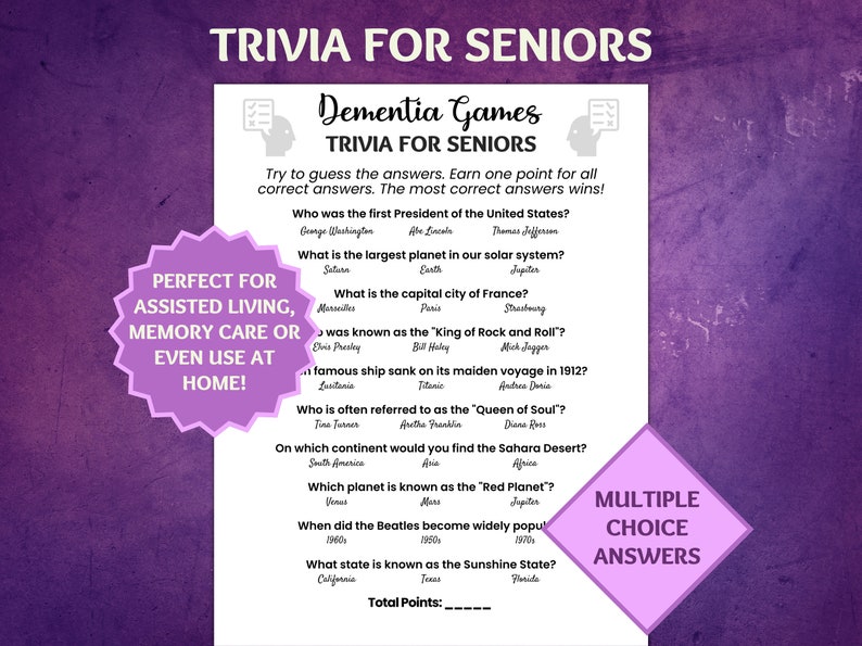 Trivia for Seniors Game Ice Breaker Game Dementia Etsy