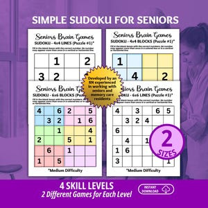 Printable Sudoku Puzzles for Seniors, Seniors Brain Games, Dementia Games, Dementia Caregiver Resource, Sudoku Printable, Memory Care image 1