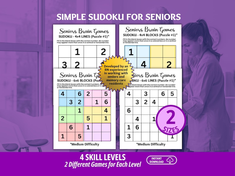 Printable Sudoku Puzzles for Seniors, Seniors Brain Games, Dementia Games, Dementia Caregiver Resource, Sudoku Printable, Memory Care image 1