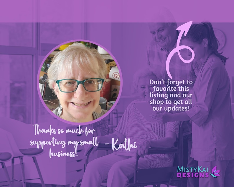 May include: A purple-toned graphic featuring a circular portrait of a person with short blonde hair and teal glasses. Text reads: Thanks so much for supporting my small business! - Kathi. Don't forget to favourite this listing and our shop to get all our updates! MistyKai Designs logo is visible.