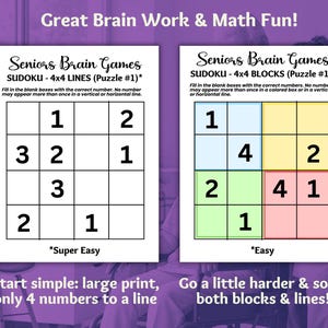 May include: Two Sudoku puzzles, one labeled "Super Easy" and the other "Easy". The puzzles are 4x4 grids with numbers 1-4. The "Easy" puzzle has colored blocks to help solve.