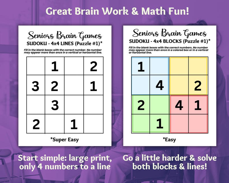 May include: Two Sudoku puzzles, one labeled "Super Easy" and the other "Easy". The puzzles are 4x4 grids with numbers 1-4. The "Easy" puzzle has colored blocks to help solve.