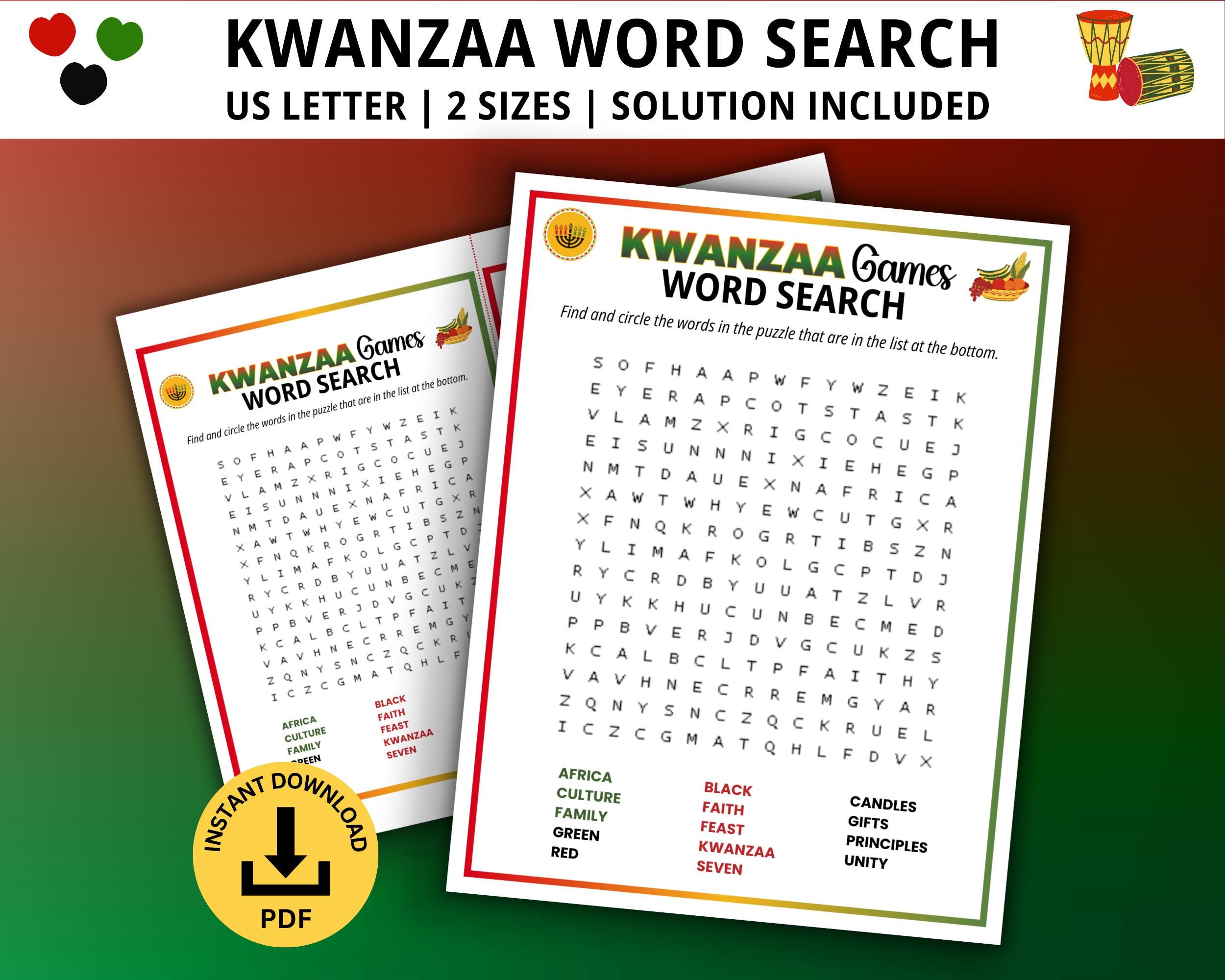 Kwanzaa word search, kwanzaa game, holiday party games, kwanzaa educational  game, family game night, classroom games, kwanzaa word game
