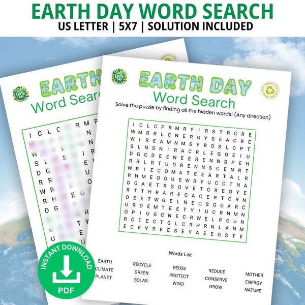 Earth Day Word Search Game, Earth Day Game, Family Game Night, Word Search Puzzle, Kids Word Search, Earth Day Activity, Word Game