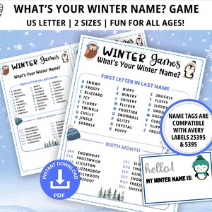 What's Your Winter Name, Winter Name Game, Winter Party Game, Winter Game, Wintertime Game, Name Generator, BONUS NAMETAGS + SIGN