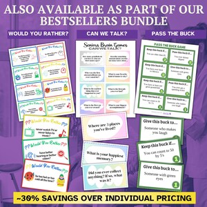 May include: A collection of printable game cards including Would You Rather, Seniors Brain Games Can We Talk, and Pass The Buck. The cards feature various text prompts, questions, and instructions printed on colourful rectangular backgrounds with borders.