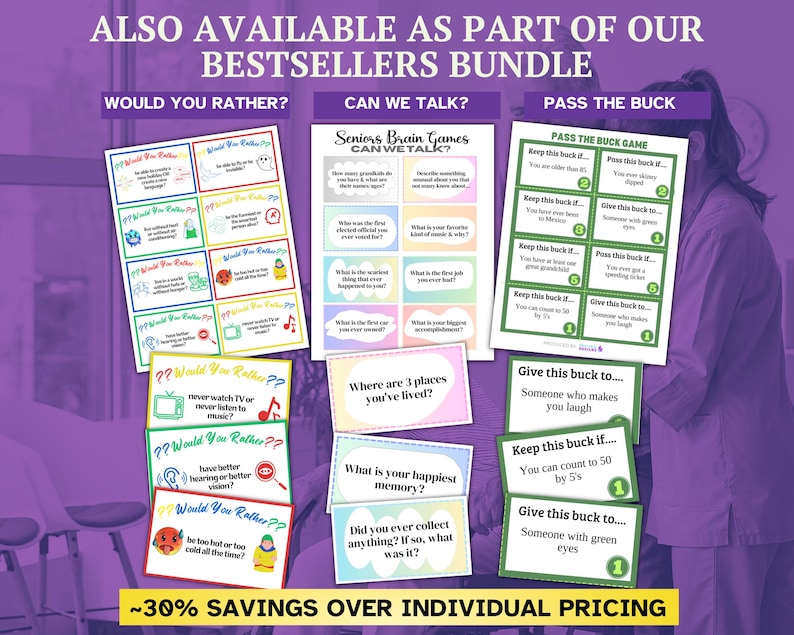 May include: A collection of printable game cards including Would You Rather, Seniors Brain Games Can We Talk, and Pass The Buck. The cards feature various text prompts, questions, and instructions printed on colourful rectangular backgrounds with borders.