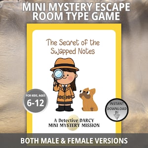 Puede incluir: Un juego de descarga digital titulado "El Secreto de las Notas Intercambiadas" para niños de 6 a 12 años. El juego presenta un detective de dibujos animados con una lupa y un perro. El texto incluye "Mini Juego de Escape Tipo Habitación" y "Descarga Instantánea".