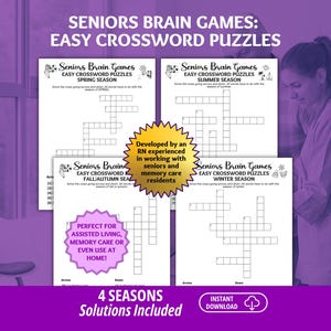May include: Four printable crossword puzzle sheets titled Seniors Brain Games for spring, summer, fall, and winter seasons. Each page features a grid, clues, and seasonal icons. A yellow starburst badge states developed by an RN, and a pink badge notes use.