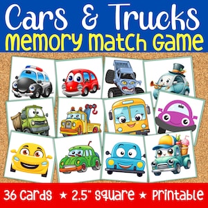 Juego de memoria de coches y camiones, Juego de emparejar coches, Juego de memoria, Tarjetas de memoria, Actividad preescolar, Recurso para docentes, Mamá que educa en casa