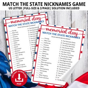 State Nicknames Trivia Game, Memorial Day Game, Games for the Office, Patriotic Games, Icebreaker Games, Family Game Night, Matching Game