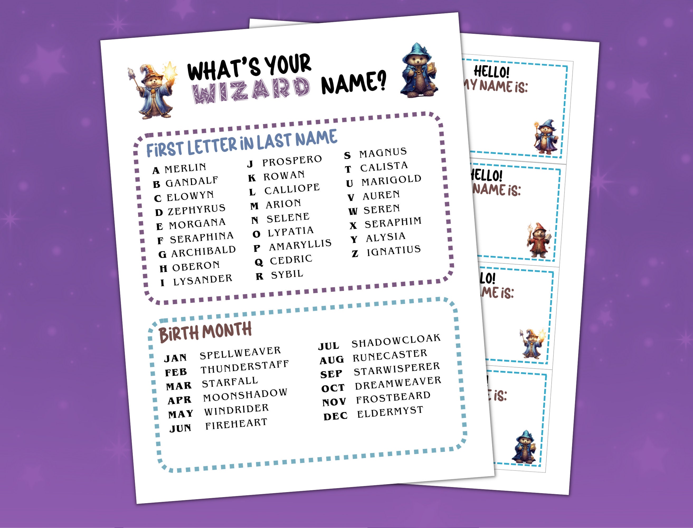  What's Your Wizard Name Game (1 Wizard Sign and 30 Name Tag  Stickers), Wizard Game Party Decoration, Birthday Game for Kids, Family Game-29  : Toys & Games