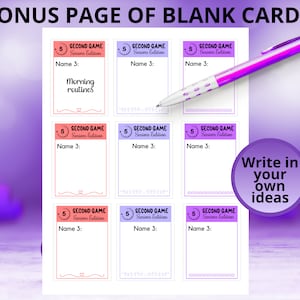 May include: A printable sheet featuring nine rectangular game cards with the text Second Game Seniors Edition and Name 3. The cards are colored in shades of coral and purple, with one card containing the text Morning routines. A purple pen is included.