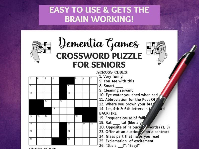Crossword Puzzle for Memory Care, Ice Breaker Game, Dementia Activities