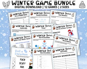 May include: A set of 12 printable winter-themed games for kids. The games include activities like word searches, word scrambles, trivia, and dice games. The games are designed to be played during the winter months and feature a variety of winter-themed images, such as snowflakes, snowmen, and penguins.