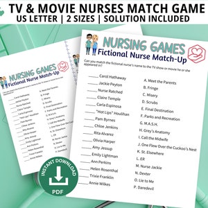 TV/Movie Nurse Matching Game, Nursing Trivia, Medical Games, Nursing Games, Nurse Games, Hospital Party Games, Nurse Trivia