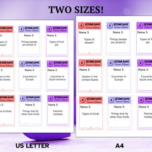 May include: A printable game sheet titled TWO SIZES! featuring two columns labeled US LETTER and A4. Each column contains nine rectangular cards with the text 5 SECOND GAME Seniors Edition, Name 3, and various prompts like Types of dessert.