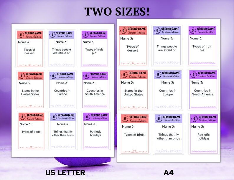 May include: A printable game sheet titled TWO SIZES! featuring two columns labeled US LETTER and A4. Each column contains nine rectangular cards with the text 5 SECOND GAME Seniors Edition, Name 3, and various prompts like Types of dessert.