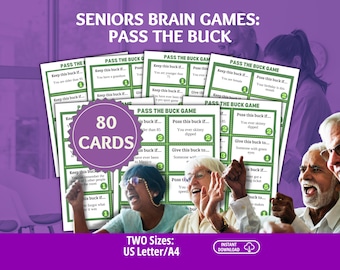 Könnte beinhalten: Ein Set aus 80 druckbaren Spielkarten mit dem Titel Seniors Brain Games: Pass The Buck. Die Karten haben grüne Ränder und Textaufforderungen wie Keep this buck if und Pass this buck if. Das Set ist im A4-Format als Download erhältlich.