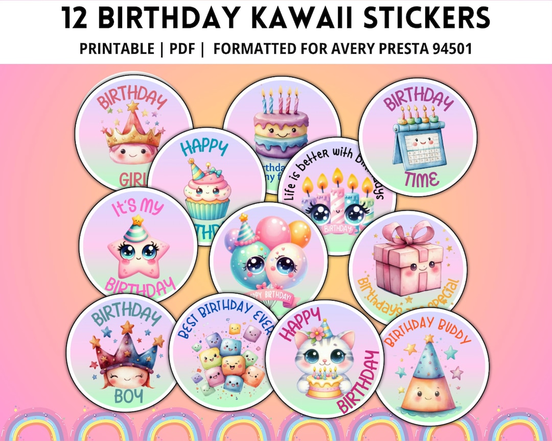 Printable Kawaii Stickers, Birthday Stickers, Printable Stickers Sheet ...