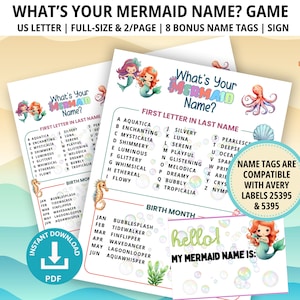 What&#39;s Your Mermaid Name, Name Game, Whats Your Name, Birthday Party Game, Mermaid Name Game, Mermaid Birthday Party, BONUS NAMETAGS + SIGN