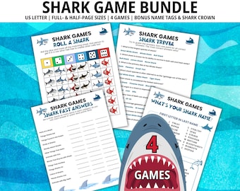Paquete de juegos de tiburones, juegos de tiburones, fiesta de cumpleaños de tiburones, juegos de cumpleaños, noche de juegos en familia, juegos para fiestas de oficina, actividad de la Semana del Tiburón