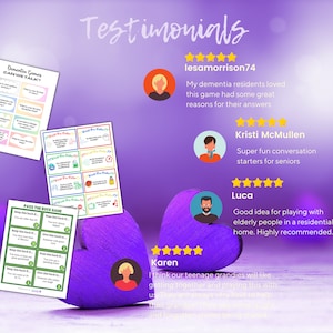 May include: A collection of three printed game cards titled Dementia Games CAN WE TALK, Would You Rather, and PASS THE BUCK GAME, displayed alongside four customer testimonials with five-star ratings and user avatars on a purple background.