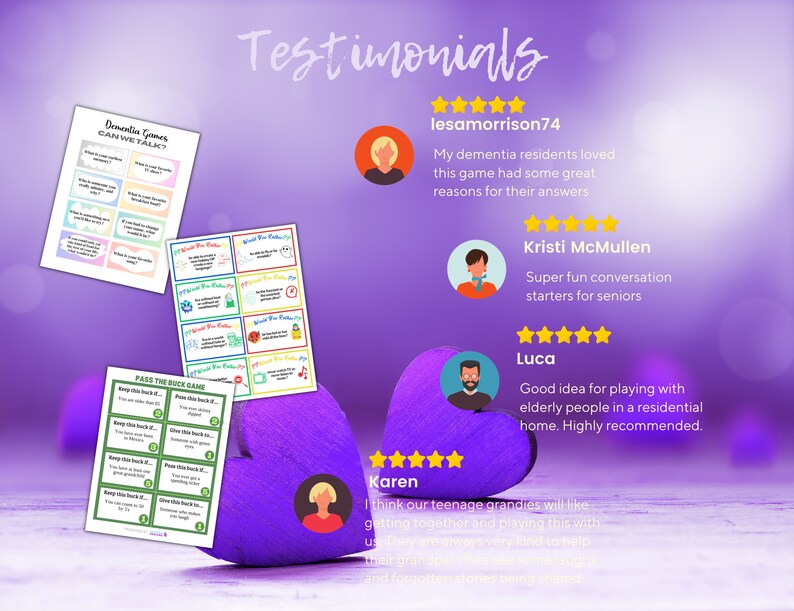 May include: A collection of three printed game cards titled Dementia Games CAN WE TALK, Would You Rather, and PASS THE BUCK GAME, displayed alongside four customer testimonials with five-star ratings and user avatars on a purple background.