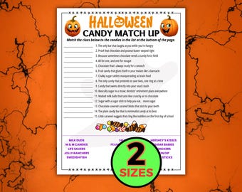 Könnte beinhalten: Halloween-Spiel zum Ausdrucken mit einer Candy-Match-Up-Herausforderung. Das Spiel zeigt Kürbis-Illustrationen und eine Liste von Hinweisen, die mit Süßigkeitennamen abgeglichen werden müssen. Der Hintergrund ist orange mit einem dekorativen Muster.