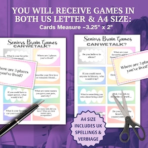 May include: Two printable sheets of Seniors Brain Games Can We Talk cards with pastel-coloured boxes containing conversation prompts. Includes a black pen and scissors. Text states cards measure 8.26 cm by 5.08 cm and are available in A4 size with UK spelling.