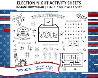 Hoja para colorear y actividades de la noche de las elecciones, manualidad para el día de las elecciones, mantel individual para niños, página para colorear para niños, imprimible para el día de las elecciones, juegos electorales