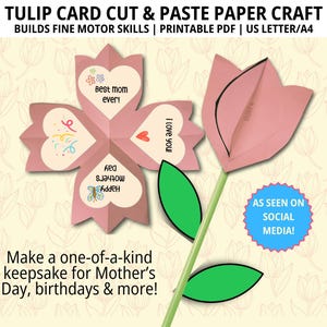 Tulipe coupe-coller, travaux manuels pour la fête des mères, activité en classe, travaux manuels pour l'école à la maison, travaux manuels de carte d'anniversaire, carte de fête des mères, carte grand-mère