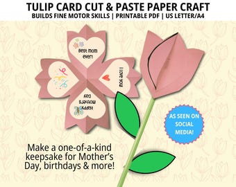 Tulip Cut and Paste Craft, Mothers Day Craft, Unique Gift for Mom, Homeschool Craft, Birthday Card Craft, Mothers Day Card, Grandmother Card