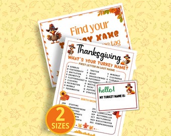 What's Your Turkey Name, Turkey Name Game, Whats Your Name, afdrukbaar spel, Thanksgiving-spellen, Friendsgiving-spel, BONUSNAAMTABELJES + TEKEN