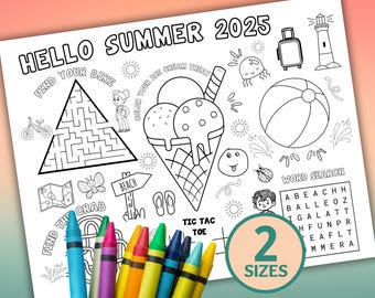 Foglio di attività estive, giochi estivi, tovaglietta per attività, colorazione estiva, attività estiva, tovaglietta per bambini, pagina da colorare per bambini